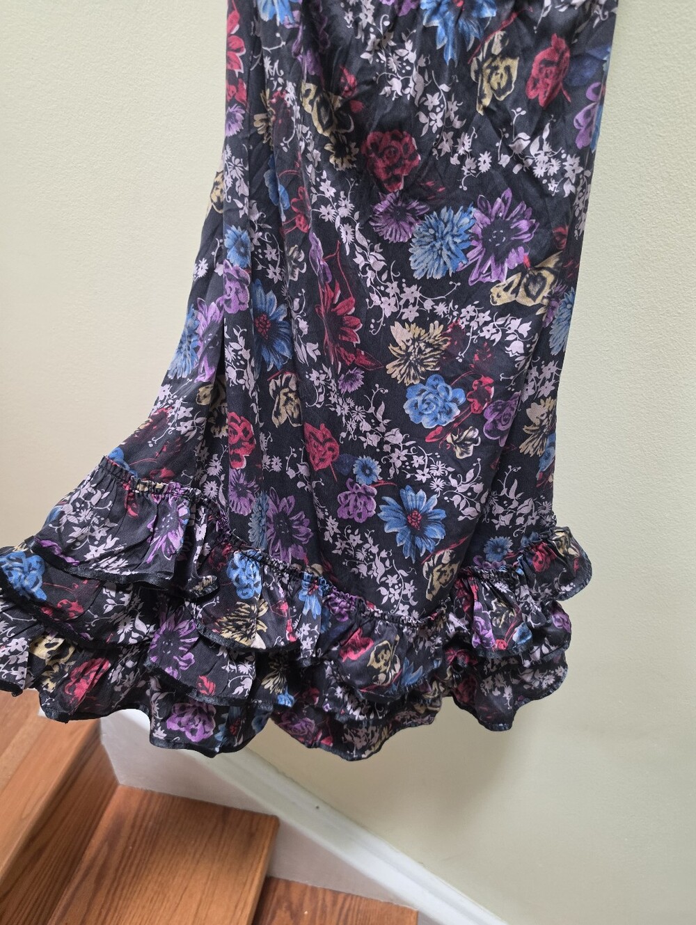 Betsey Johnson Vintage Y2K Silk Floral Ruffles Smocked Tulip Dress Fairy Black 2 - Picture 8 of 16